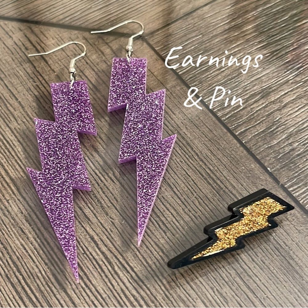 1980’s Style Purple Glitter Lightning Bolt Earrings & Pin